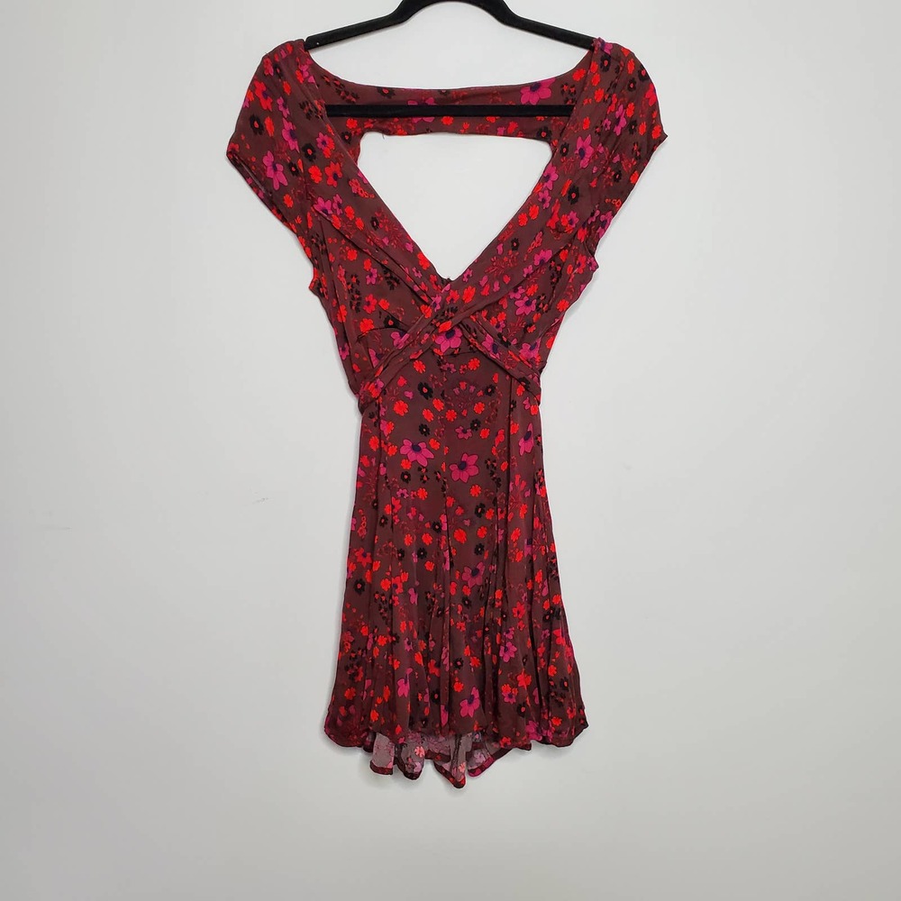 FREE PEOPLE • Red Plum It Takes Two Wrap Front Keyhole Mini Dress Sz M - Picture 3 of 9